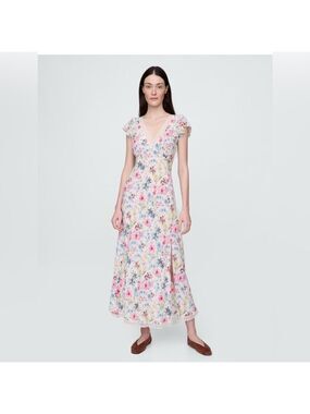 Gap Floral Crepe Lace Trim Neckline Babydoll Y2K Maxi Dress Wedding Guest L Tall